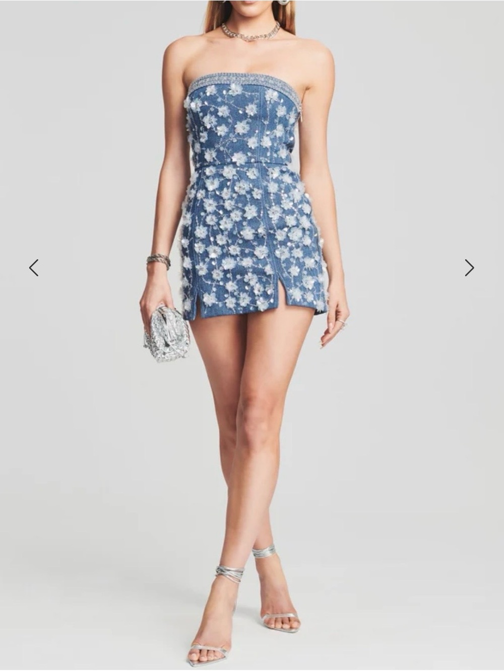 NWT Retrofete Cordelia Embellished Denim Dress in Denim Floral
